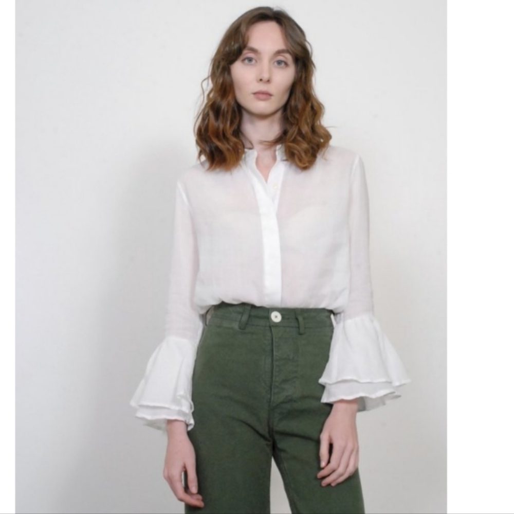 Trovata White Ruffle Cuff Sheer Button-Up Blouse